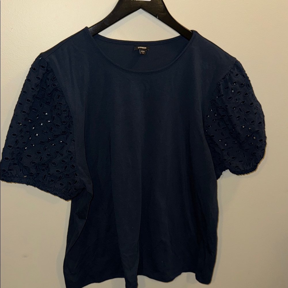 Express Navy Blue Short Sleeve Eyelet Top